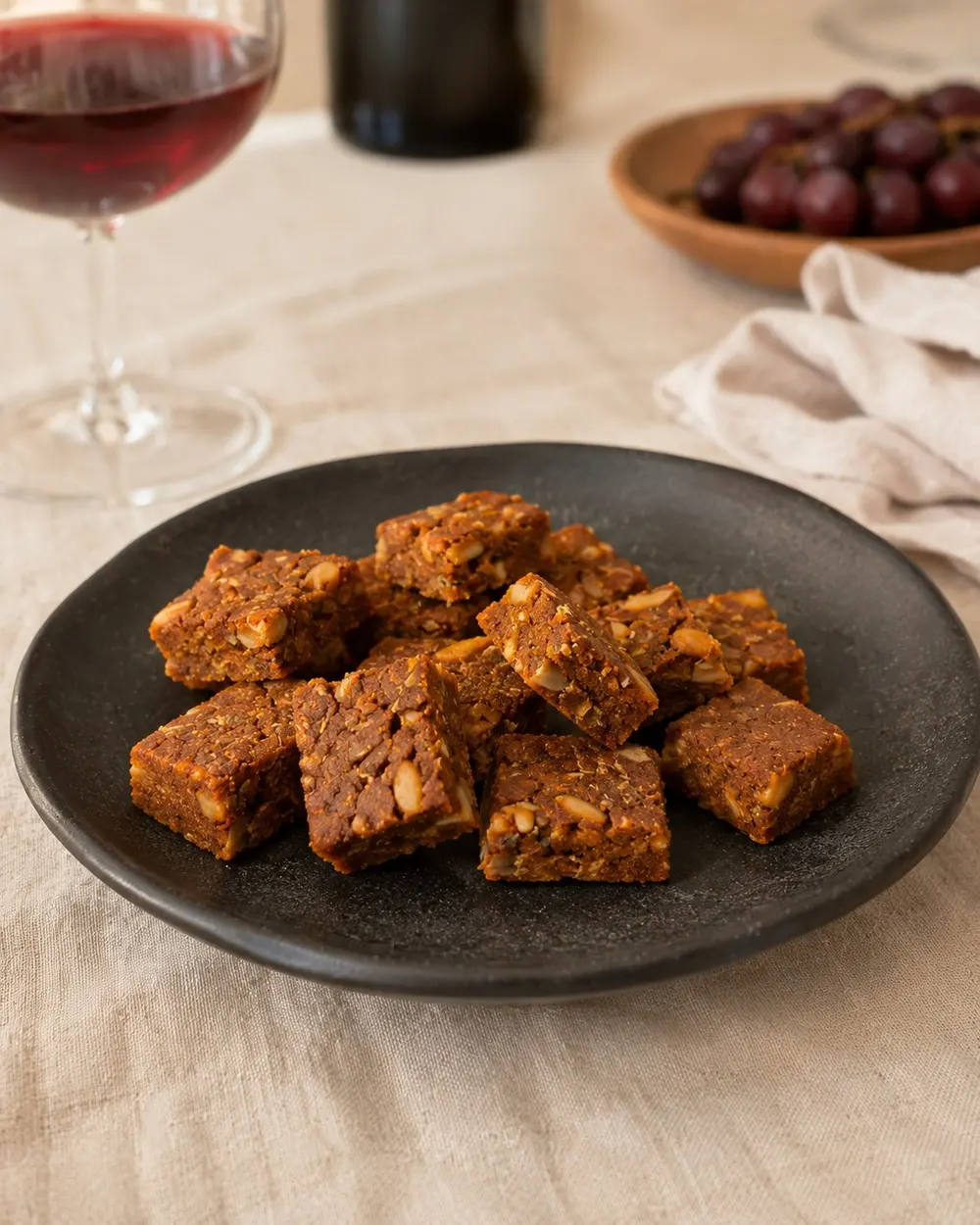 BagFood Bites auf schwarzem Teller mit Leinen und Wein