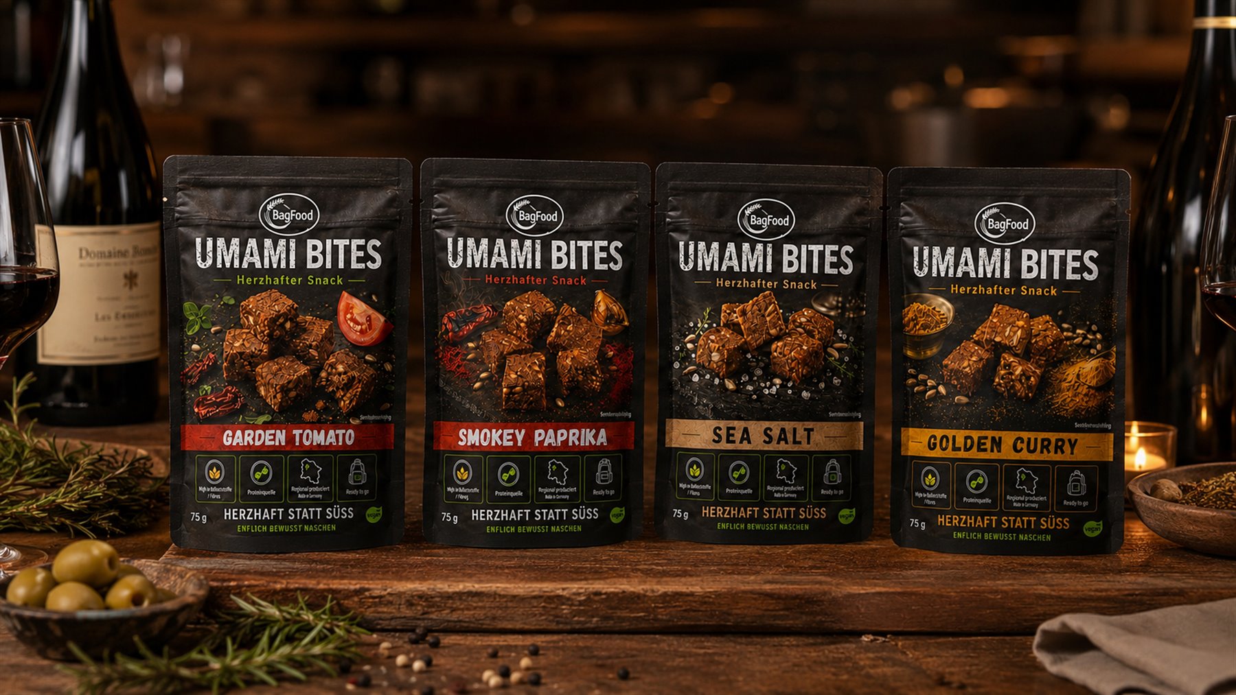 BagFood Umami Bites Sortiment auf Holz